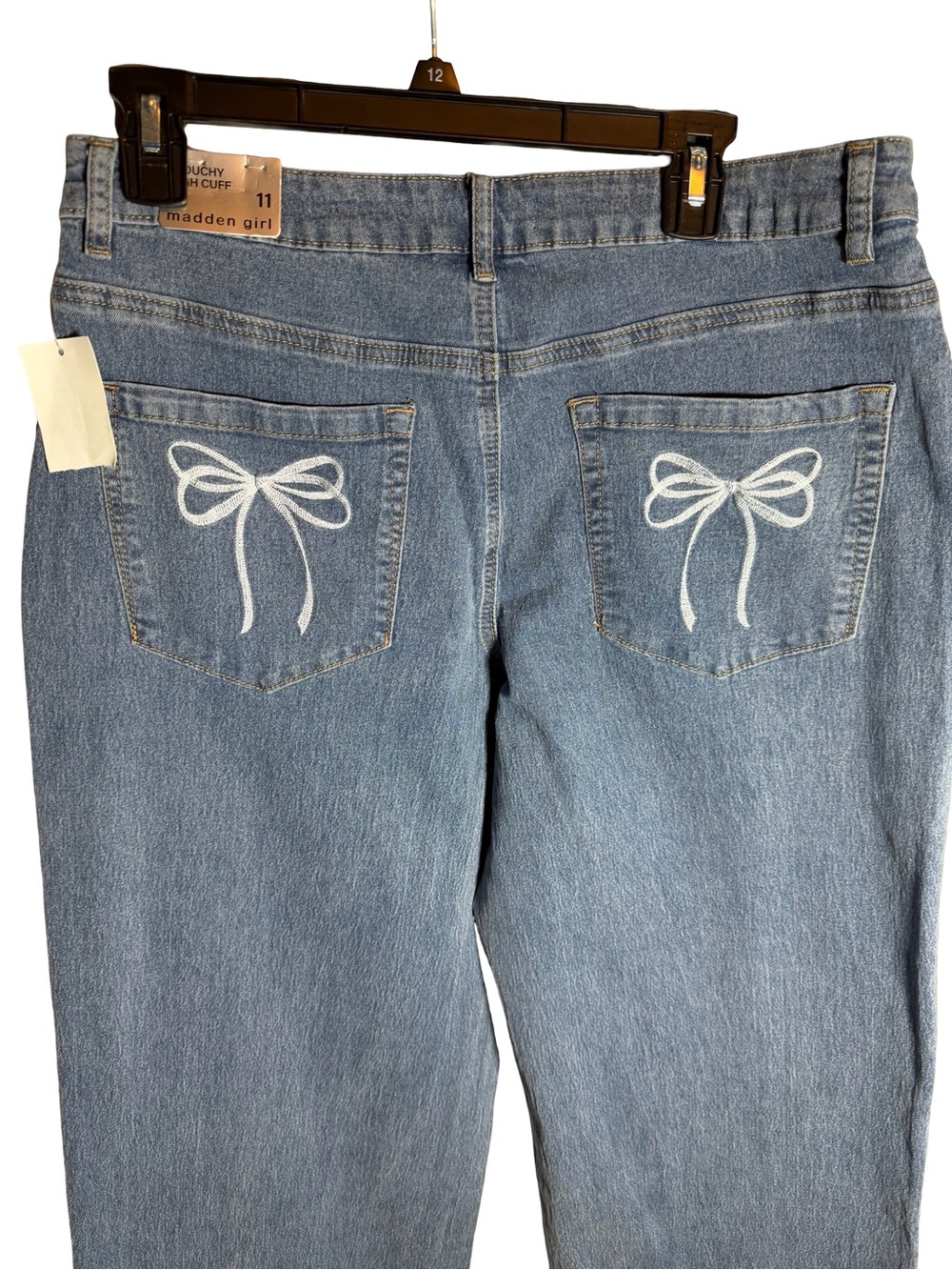 Light Blue Wide Leg Cuff Jeans with Bows Embrod Strechy - Madden Girl Runs Big - Picture 4 of 5